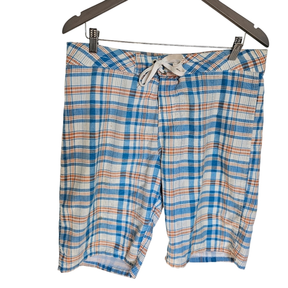 Paul Frank board shorts lined blue orange Plaid velcro tie front 32